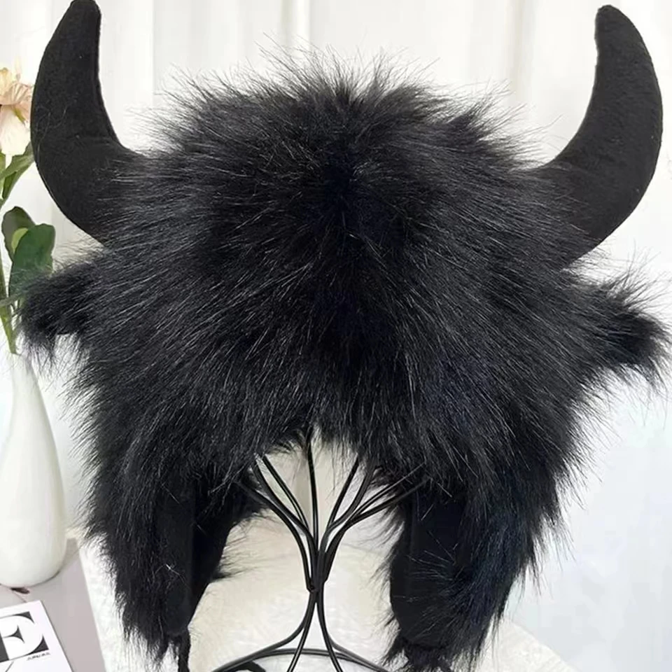 Big black cow fur thunderbolt hat winter warm ear protection personality windproof cold riding electric car cotton hat