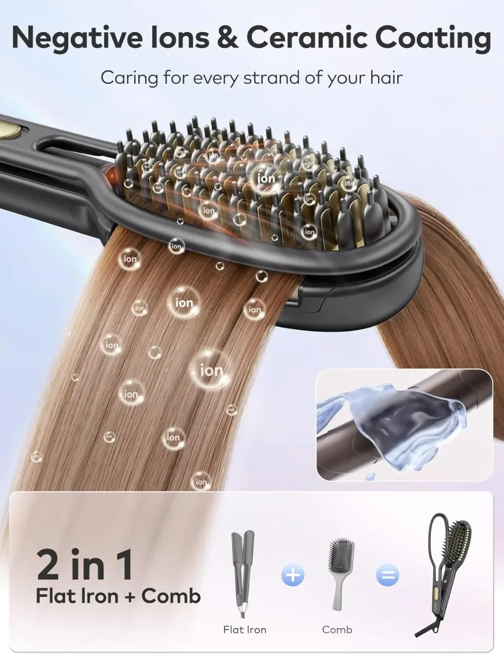 Llano Cepillo Alisador de Pelo 2 in 1 Planchas del Pelo Profesional con Iones Negativos، Calentamiento Rápido، Revestimiento Cer