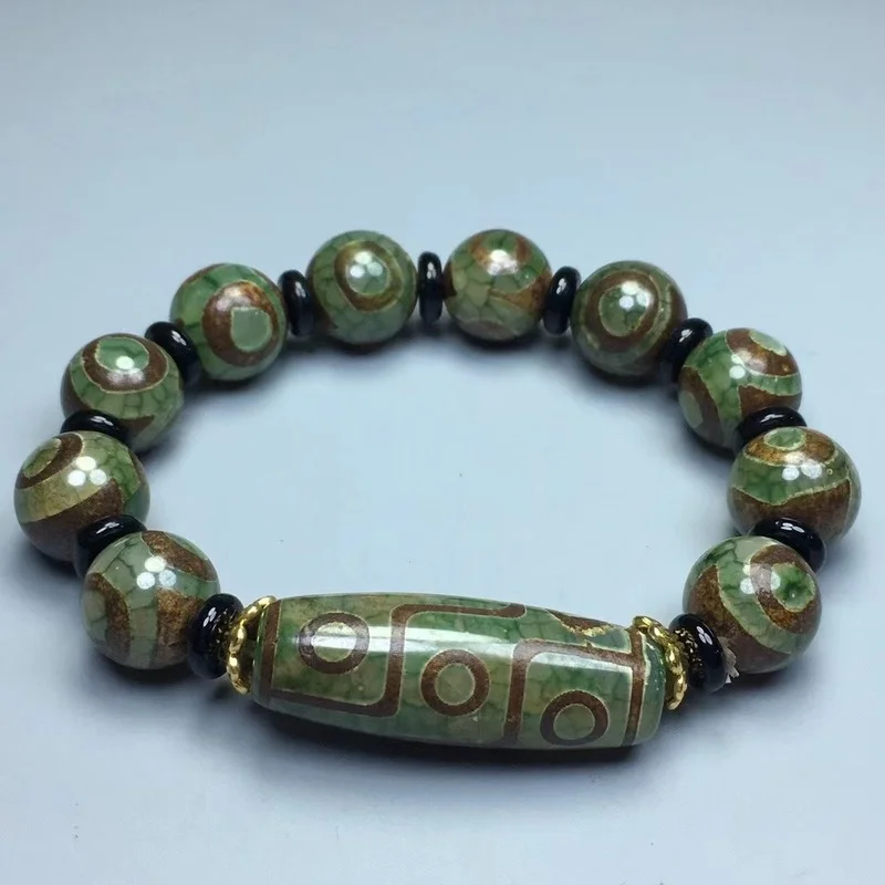 Natural Green Agate Bracelet with Nine and Three Eyes of DZi Beads