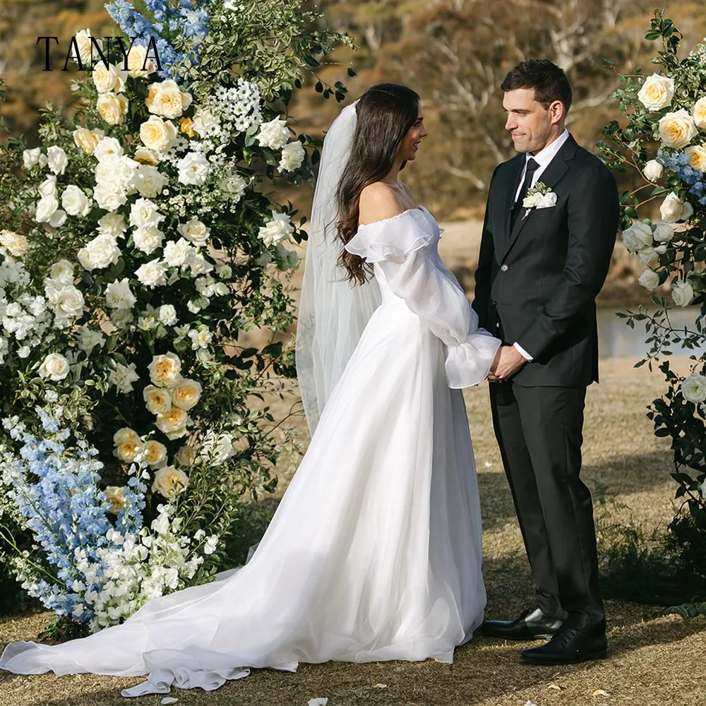 Robe de Mariée Élégante en Organza à Col Bateau, Manches sulf, Ligne A, avec Traîne de Balayage, pour Patients Simples, TSWDpara