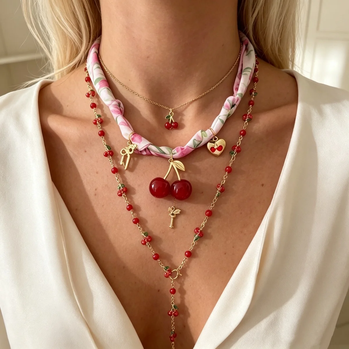 Mehrschichtiger roter Kirschherz-Schal, Y-förmige lange Halskette für Damen und Herren, süße Erdbeerblume, künstliche Perlen-Choker-Schmuckstücke – Detail 7