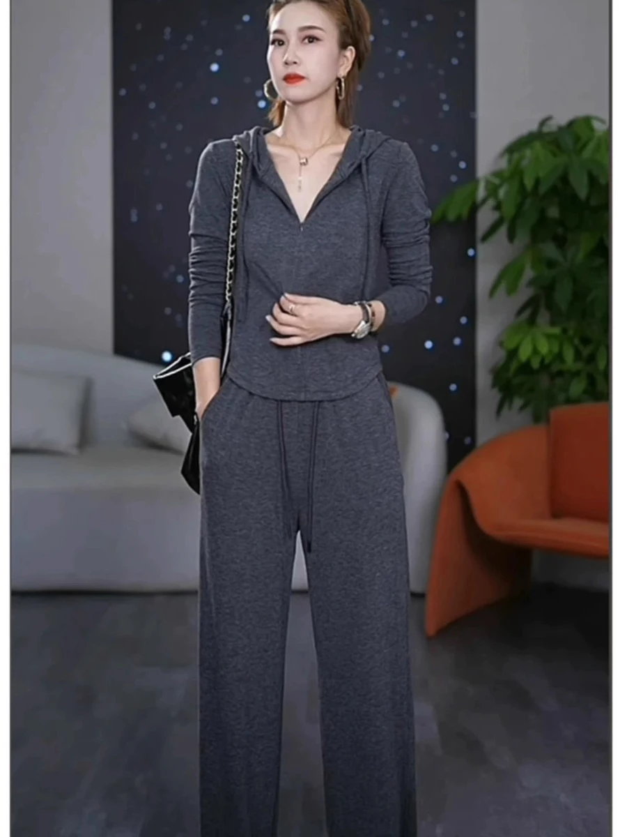 Wygodny, swobodny damski komplet 2025, nowa kolekcja jesienna, spodnie z szerokimi nogawkami, bluza z kapturem, dwuczęściowy zestaw, prosty styl, plus size, koreański styl.
