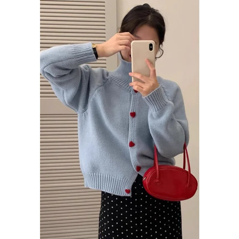 

2025 Gray Soft Glutinous Love Buckle Turtleneck Sweater Cardigan Jacket Women's Loose Lazy Style High-quality Knitted Top