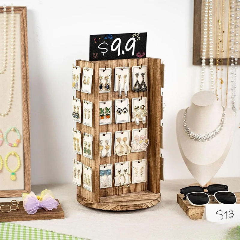 Multi-layer jewelry earrings, studs, earrings, bracelets, display rack solid wood rotatable jewelry storage rack