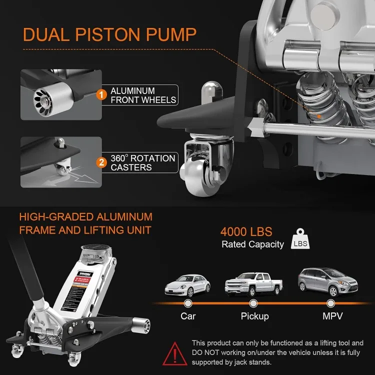 Perfil baixo hidráulico alumínio Racing Floor Jack, pistão duplo, bomba de elevação rápida, preto, 2 Ton, 4,000 lb capacidade, TAM820010L