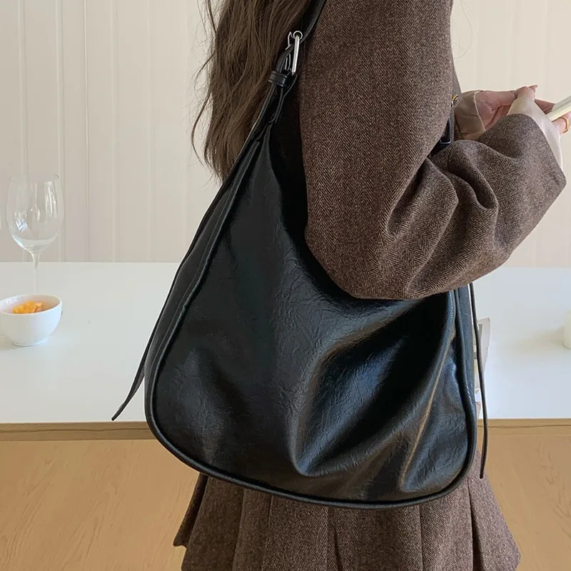 High-end Brown PU Leather Tote Bags Vintage Black Large Capacity Shoulder Bags for Women Simple Ladies Crossbody Bags 2024 New