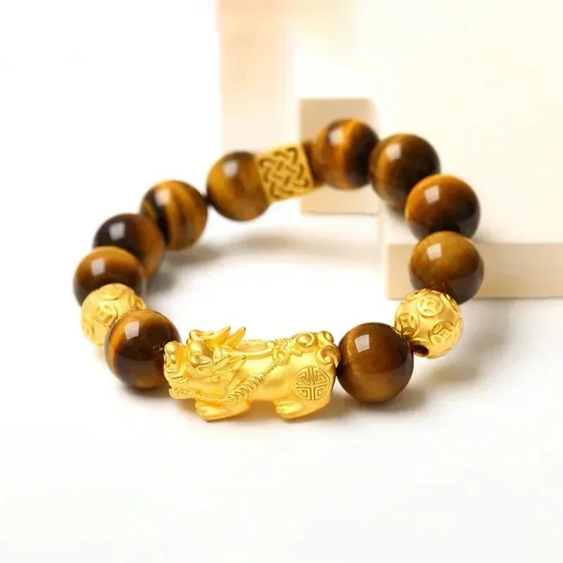 Eldorado Gold  2025 18K gold AU750 gold tiger eye stone for wealth, Pixiu bracelet, men's and women's elastic rope lucky talisma