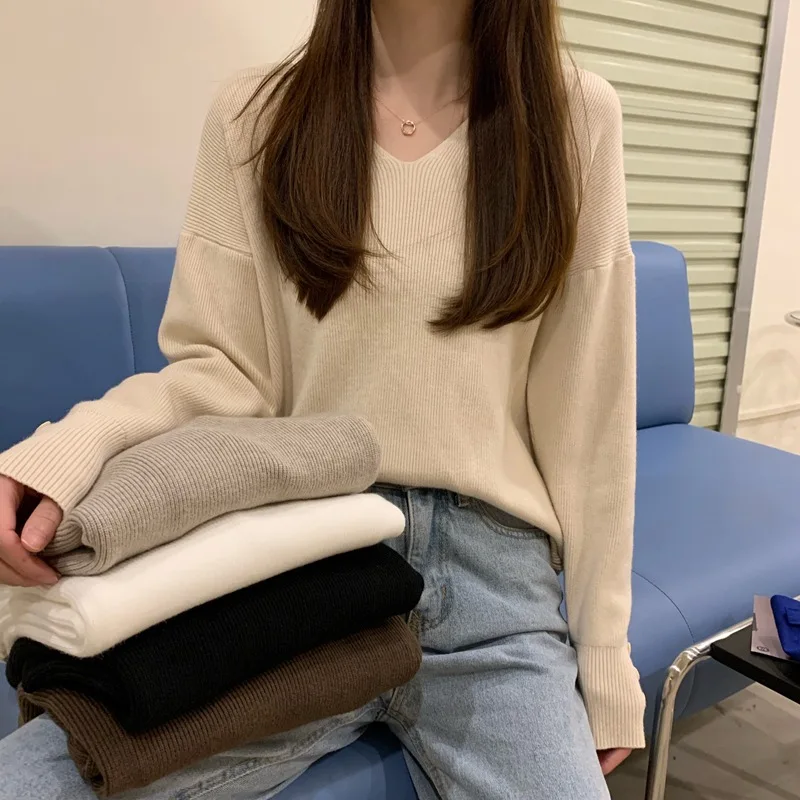 Autumn Winter New Loose V-Neck Long Sleeve Knitted Top Pullover Student Versatile Base Shirt Sweater For Women