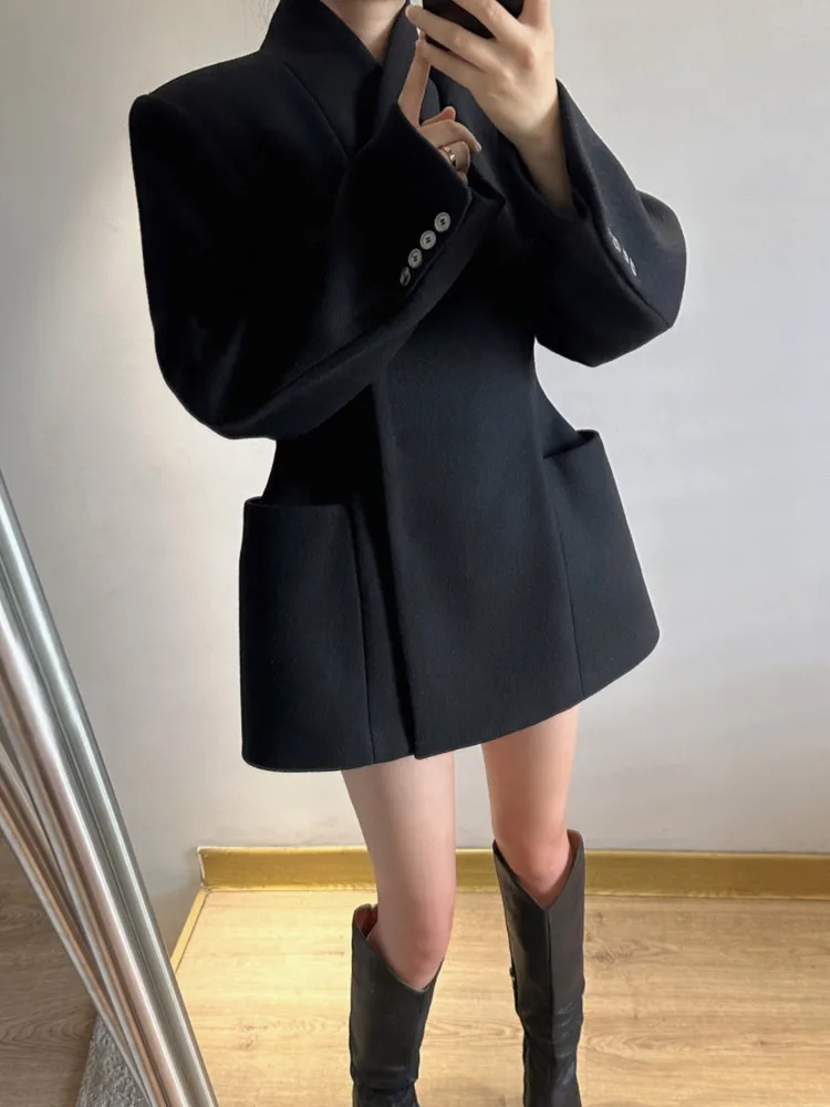 BJTZ Silhouette Waist Cinching Blazer Black Woolen Coat For Women 2024 Autumn Winter New Fashion Designer Wool Overcoat