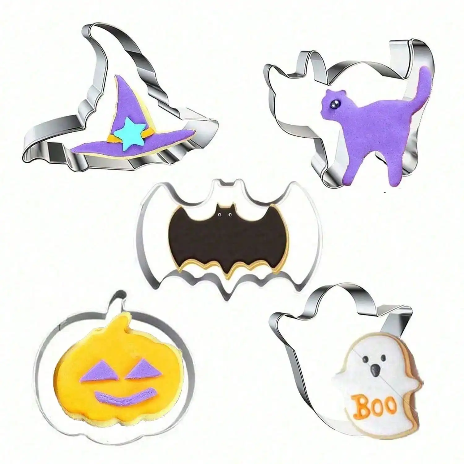 5 Pcs Halloween Stainless Steel Cookie Cutters Set, Pumpkin, Ghost, Witch Hat, Bat, Cat Shapes Baking Molds, DIY Baking Tools