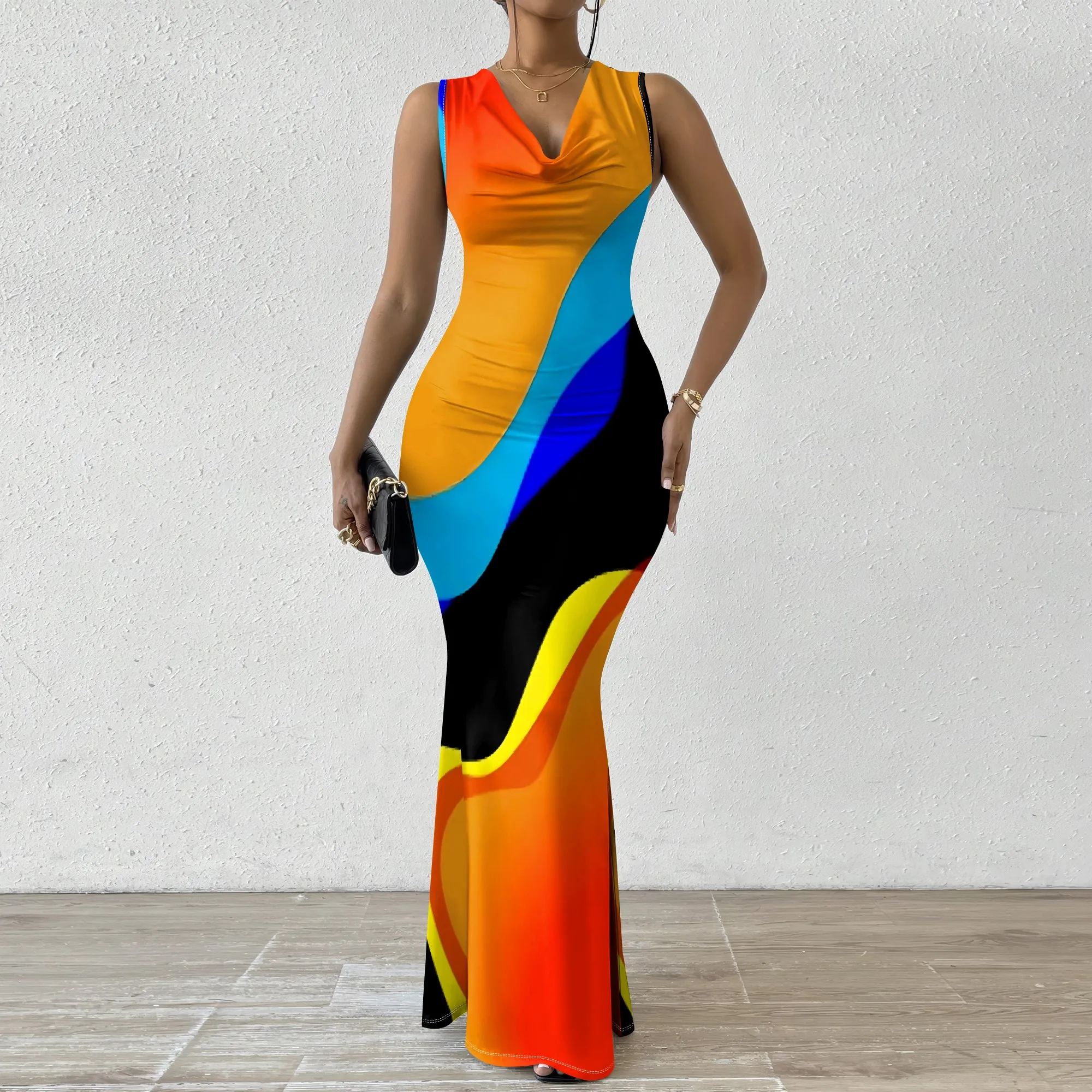 

Colorblock Abstract Print Maxi Dress XS-2XL Sleeveless V-Neck Cowl Style for Cultural Parade, Afro Streetwear or Art Festival