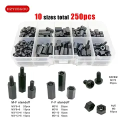 250pcs/box M3 Black Plastic Nylon Insulated Hex Standoff Hexagon Pillar Spacer Column Screw Nut Mix Size Assortment Kit Set