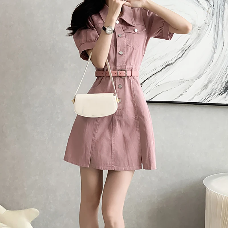 EVNISI Women Elegant Short Sleeve Denim Dress With Belt Polo Collar High Wais Slim Office A-line Dresses Women Summer Vestido