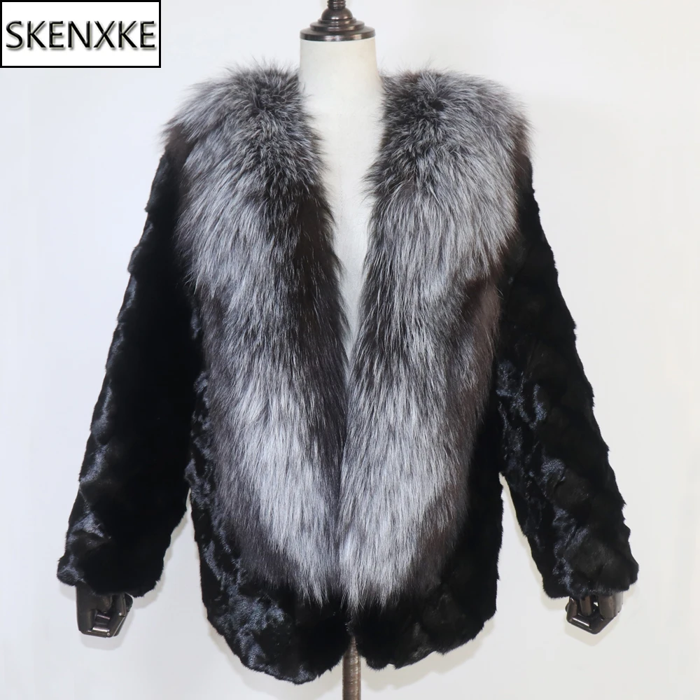 Women Winter Real Mink Fur Caot With Fox Fur Collar Natural Warm Mink Fur Jacket Lady Fashion 100% Real Mink Fur Overcoat