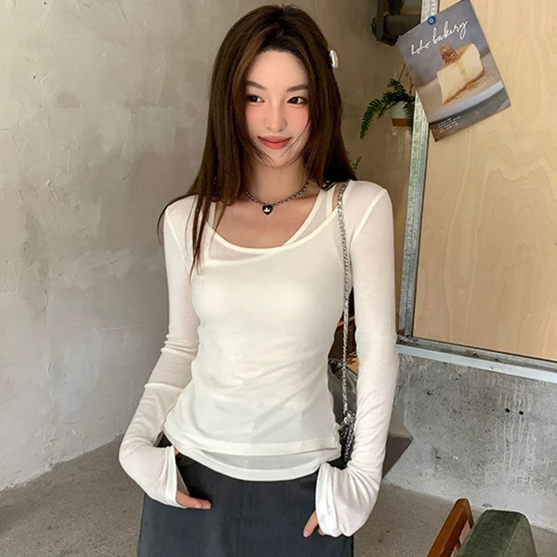 

Deeptown Korean Style Transparent T-shirts Women Elegant False Two-piece White Tees Sweet Office Slim Up Long Sleeve T-Shirt