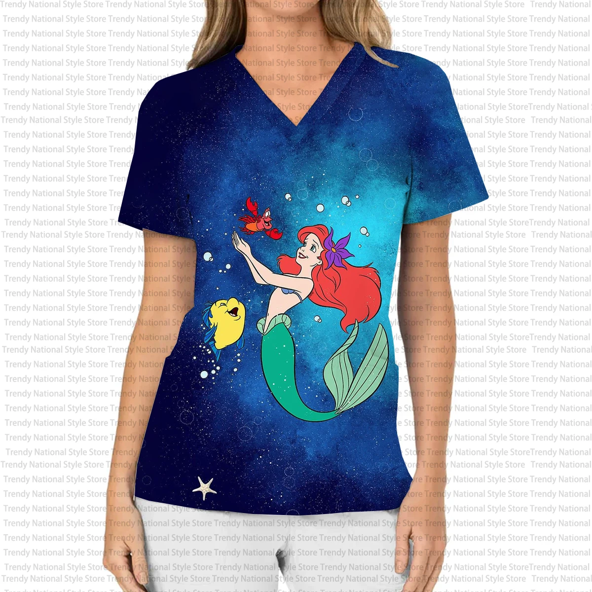 2026 Top smerigliato con scollo a V stampato uniforme da infermiera delle nuove donne, maglietta Disney Princess Sirena Alice per ospedali e negozi di animali domestici