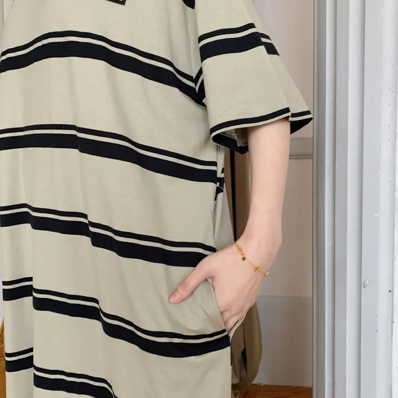 Plus Size Koreaanse Stijl Gestreept T-shirt Zomer Ronde Hals Losse Lange Jurk Gewaad met Korte Mouwen voor Vrouwen Jurk Vestidos