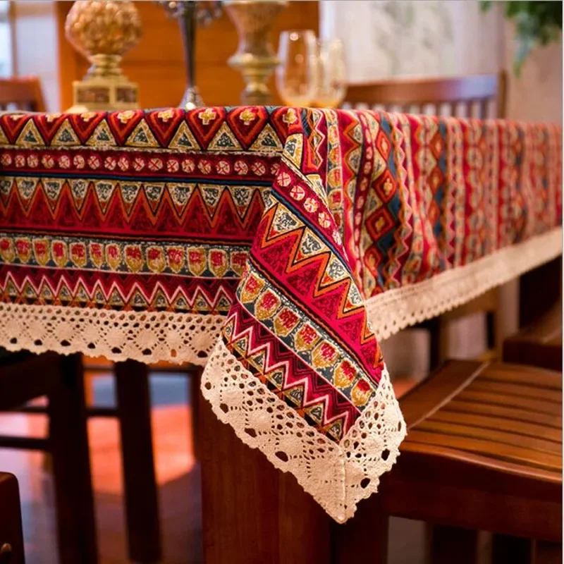 Bohemian Quality  Dining Tablecloth Color Soft Cotton Stripe Multi Sizes Lacy Home Kitchen Banquet Table Cover 1 piece