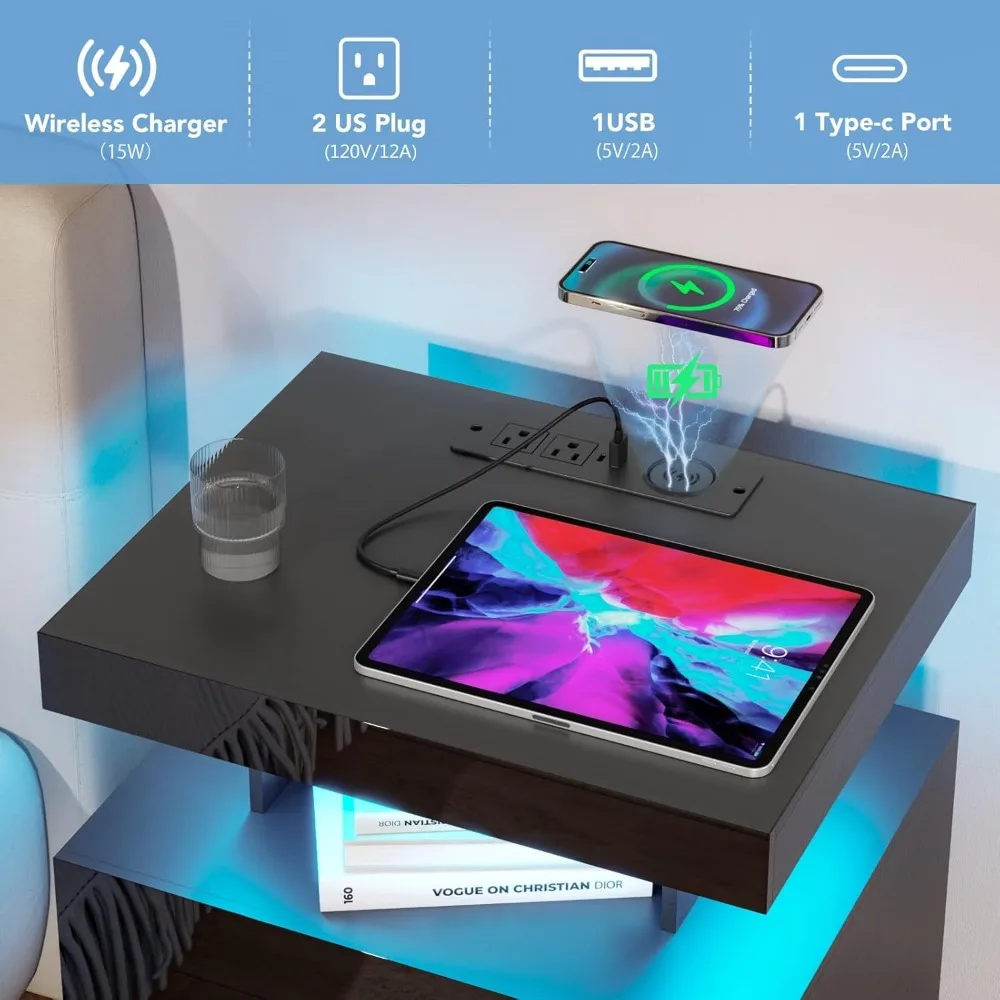 LED Nightstand with Wireless Charger and USB Ports, 3-Drawer Nightstand with RGB Adjustable Brightness LED Light