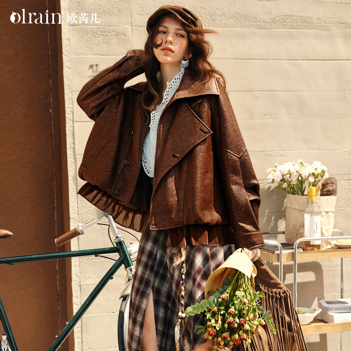 OLrain ميلارد نمط معطف جلد صناعي للمرأة 2025 الخريف جديد فضفاض سترات رجالي واحدة الصدر معاطف قصيرة GO57DW002051