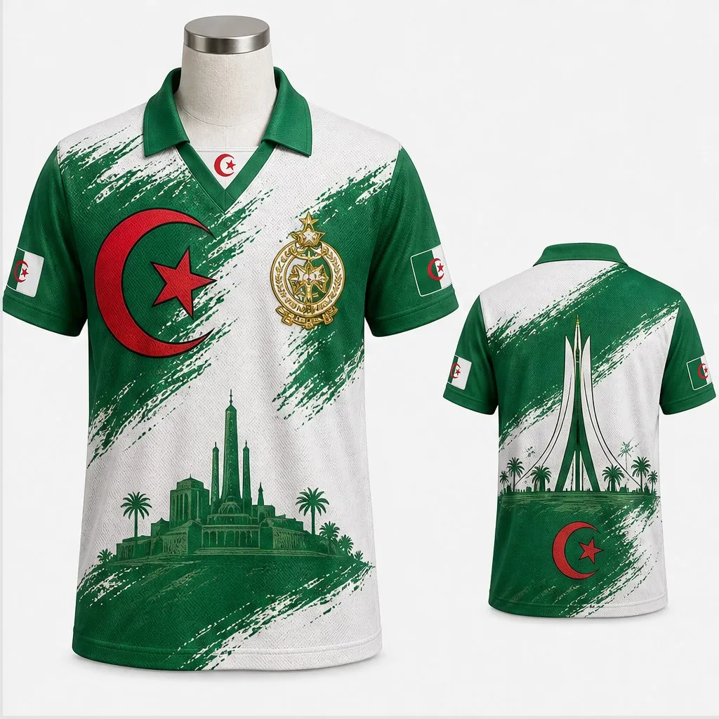 Mens Half Polo V Neck T Shirt Algeria Brush Stripe Crest Monument Graphic Short Sleeve Casual Athletic Jersey Top Patriotic Wear