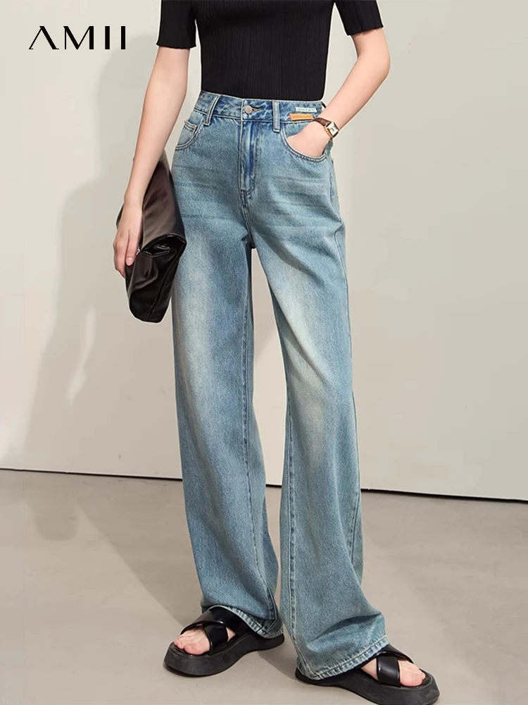 

Amii Minimalism 2024 Jeans Women Summer New Retro Leather Plate Decoration Loose Cotton Denim Wide-leg Pants Female 12442078