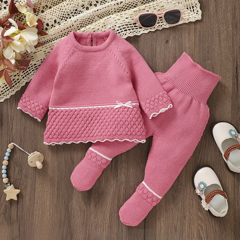 

Baby Clothes Set Knit Newborn Girl Sweater Dress +Pants Foot Wrap Warm Fall Infant Top Pollover +Trousers 2pcs Fashion Cute 0-9M