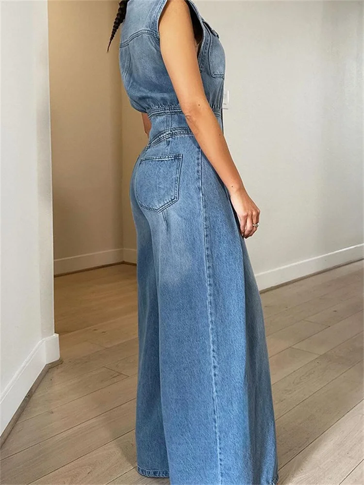 Wmstar Denim Romper Women Solid Sleeveless Wide Leggings Office Lady Flared Jumpsuit Summer Street Wear Wholesale Dropshipping