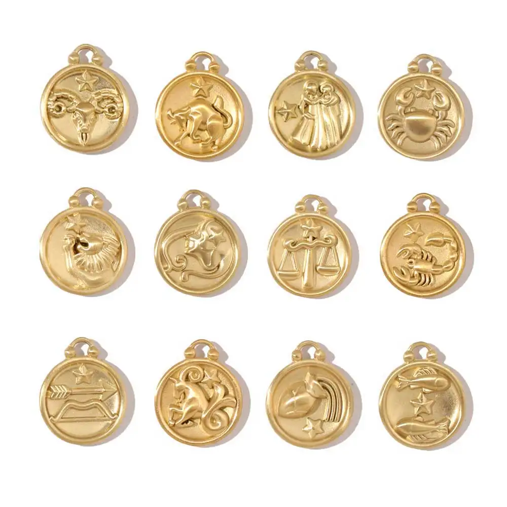 

12Pcs/Lot Stainless Steel Gold Color Round Twelve Zodiac Sagittarius Pendants For DIY Necklace Bracelet Making Accessory