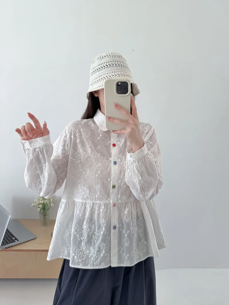 جديد 2025 الخريف قميص قطني بكم طويل ، المرأة بدوره إلى أسفل طوق التطريز ، موري فتاة أزرار ملونة بلوزة فضفاضة T5O591CC #5