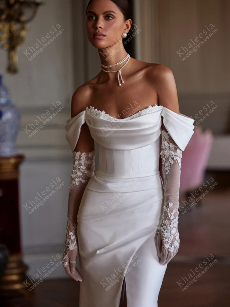 Einfache Brautkleider aus Satin, elegante Roben für formelle Partys, schulterfrei, hoher Schlitz, Vestidos de Novia, individuell gestaltet