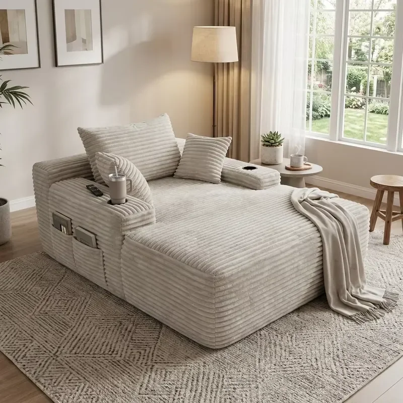 US Local Shipping Modern Corduroy Modular Loveseat Cloud Sofa Vacuum Compression Sofa with Storage Pockets & Cup Holders