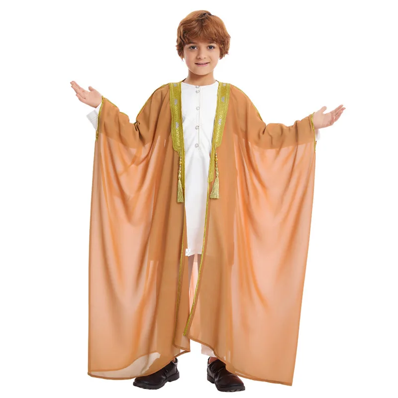 Abaye Muslim For Kids Boy Robes Middle East Arab Boys Embroidered Tassels Long Sleeve Chiffon Dress Shirt Islamic Robes Clothes