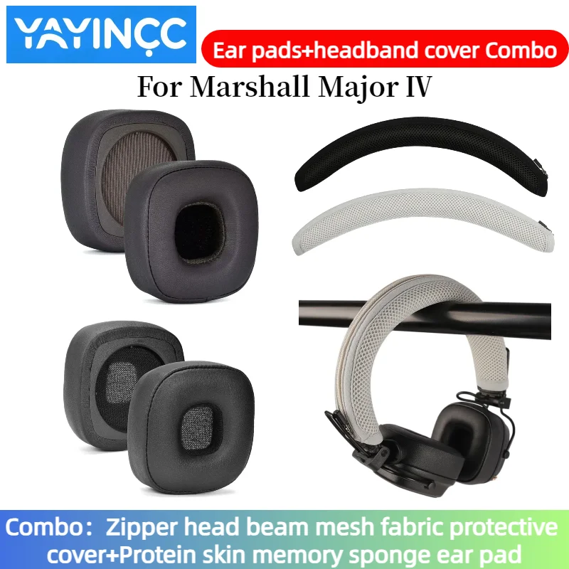 YAYINCC Ersatz-Ohrpolster aus Proteinleder + Kopfbandabdeckung mit Reißverschluss für Marshall Major Ⅳ Wireless, Headset-Ohrpolster-Reparaturteile – Detail 1