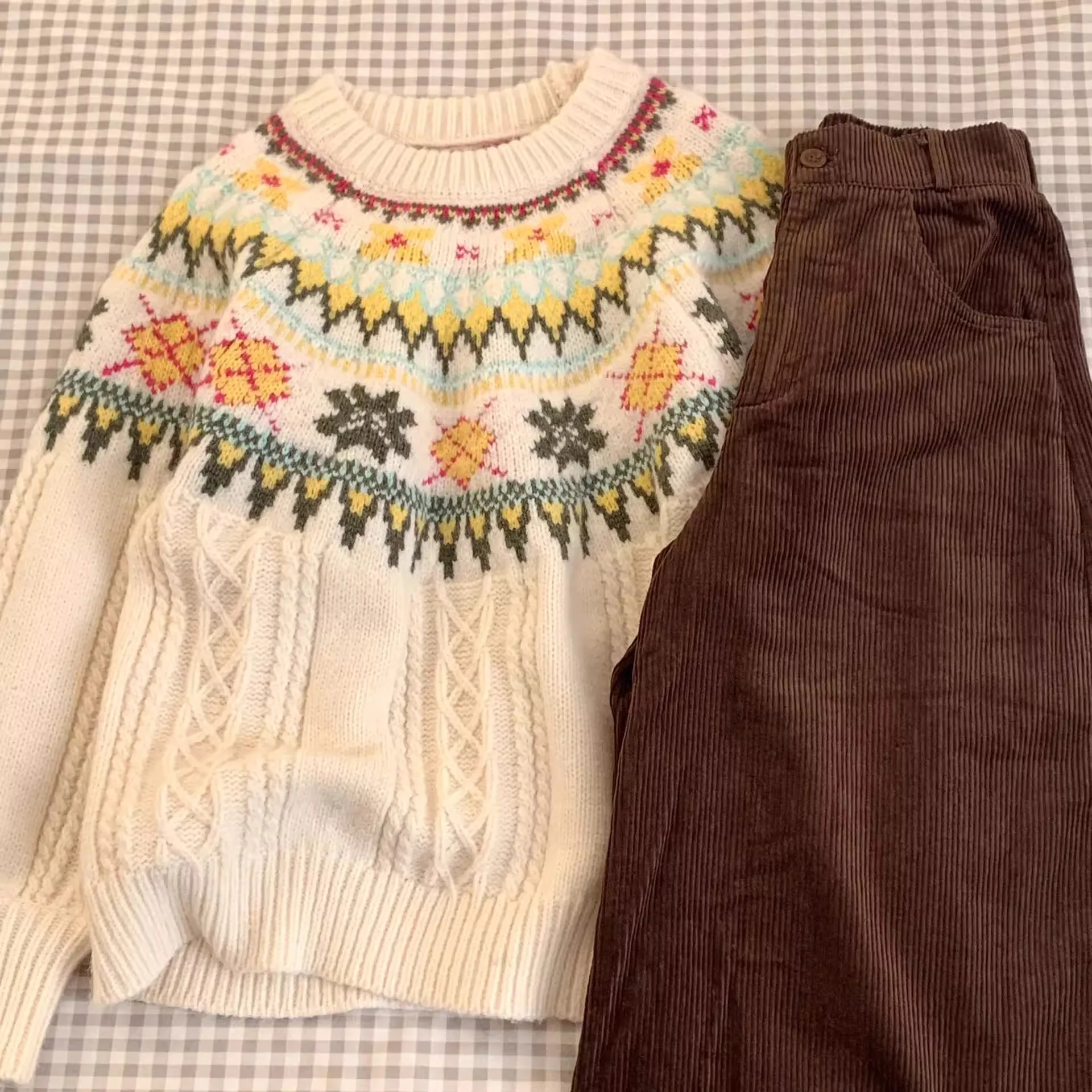 Suéter de Punto Estilo Coreano Informal con Diseño Fair Isle para Mujer, Otoño Invierno, Suave y elpado, Cuello Redondo Vin...
