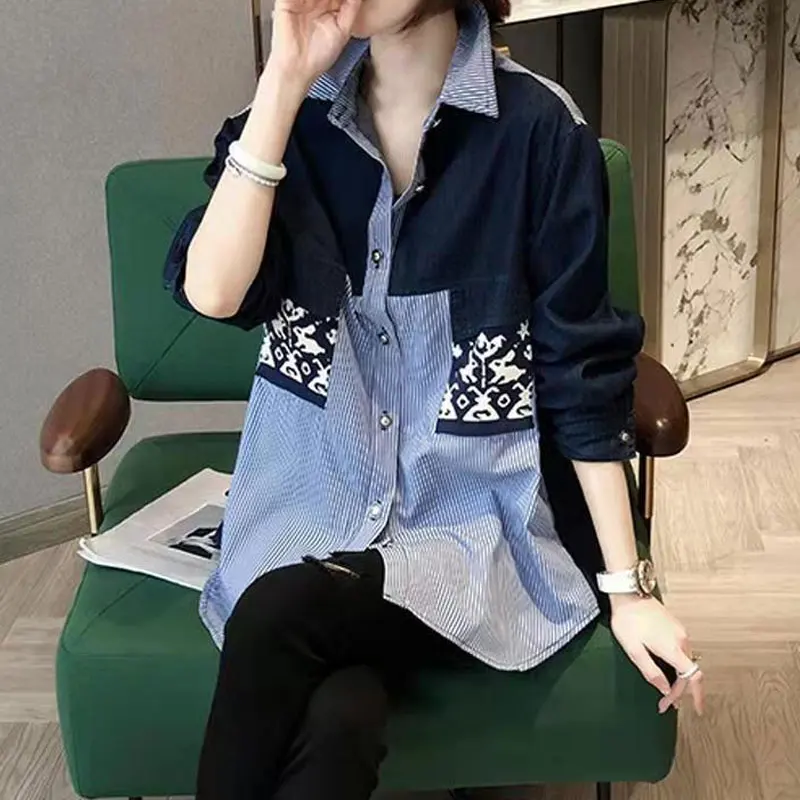 Streetwear Loose Polo-Neck Shirt Women\'s Clothing Printed Striped Casual Single-breasted Spring Autumn Korean Patchwork Blouse