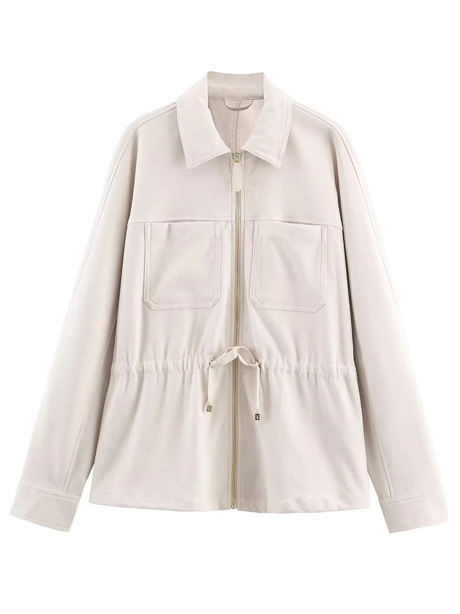 투윈스타일 여성용 투피스 세트 스탠드 칼라 긴팔 패치워크 드로스트링 재킷 하이웨이스트 스트레이트 팬츠 슈트 여성용