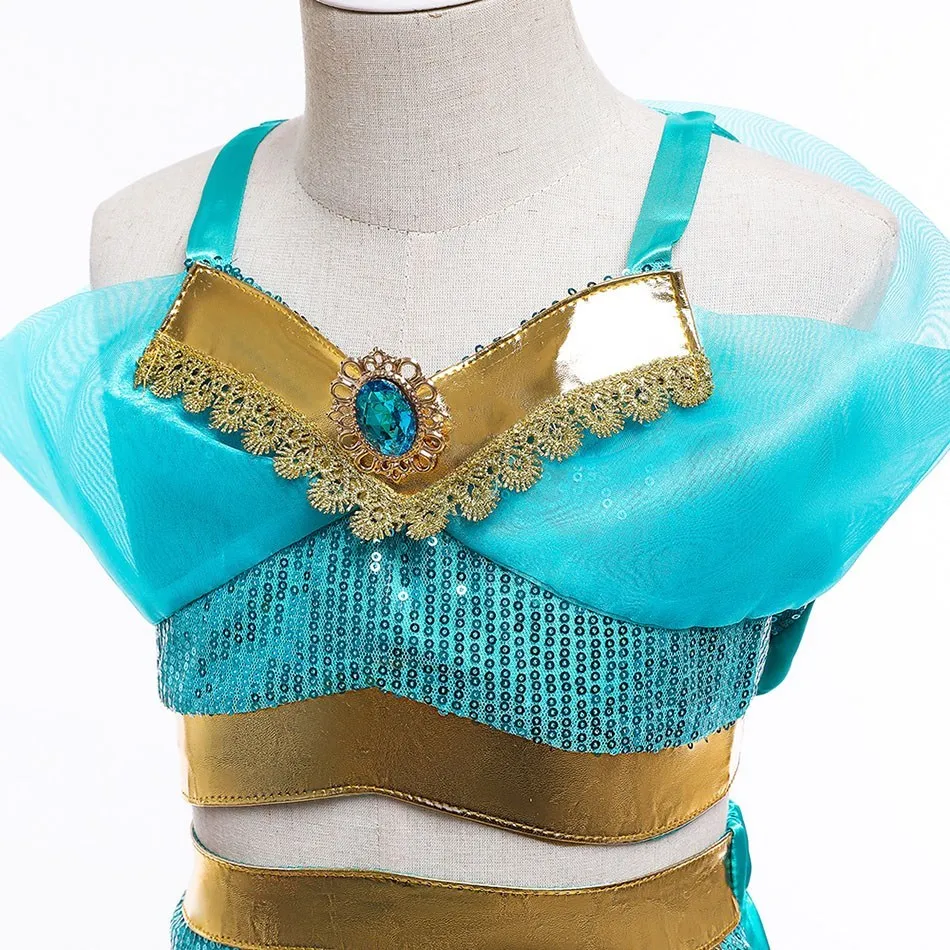 Children Aladdin Lamp Dress Kids Jasmine Costume Girls Birthday Princess Cosplay Shoulderless Outfit Carnival Clothes 3-10T
