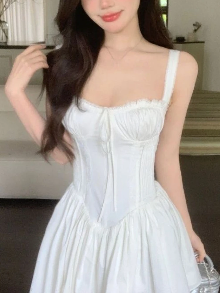 

French Vintage Solid One Piece Dress Women Evening Party Strap Elegant Mini Dresses Female Summer Korean Chic Sweet Fairy Dress