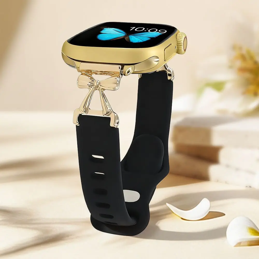 

Тонкий силиконовый ремешок для Apple Watch, женский, 38/40/41/42/44/45/46/49 мм, стильный браслет с бантом для iWatch S11 10 9 Ultra
