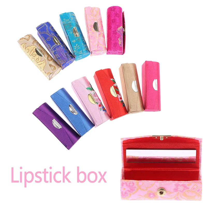 Estuche de lápiz labial Jacquard de flores, caja de joyería individual, estuche de almacenamiento de brillo de labios, bolsas de cosméticos con espejo, caja de almacenamiento de maquillaje para mujeres