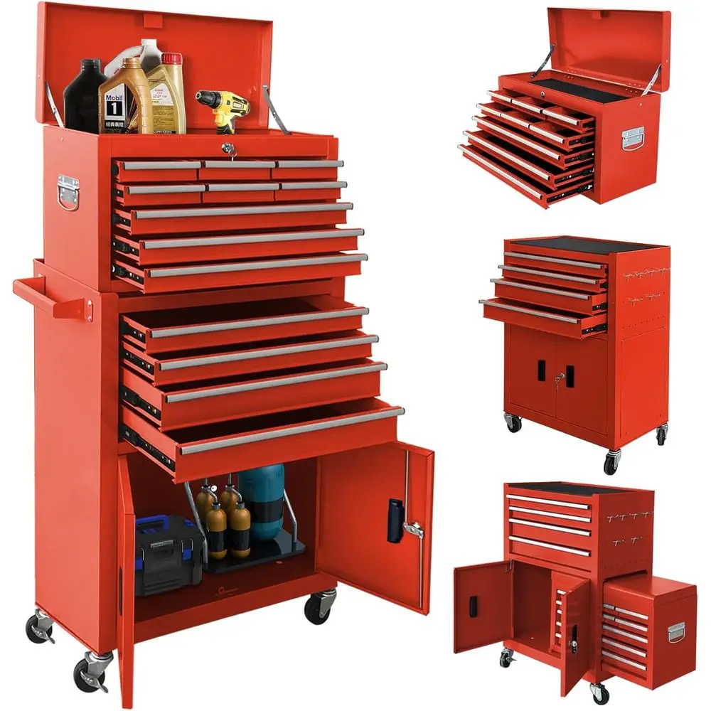 

Red 2-in-1 Lockable Rolling Tool Chest with Detachable Drawers for Garage Workshop