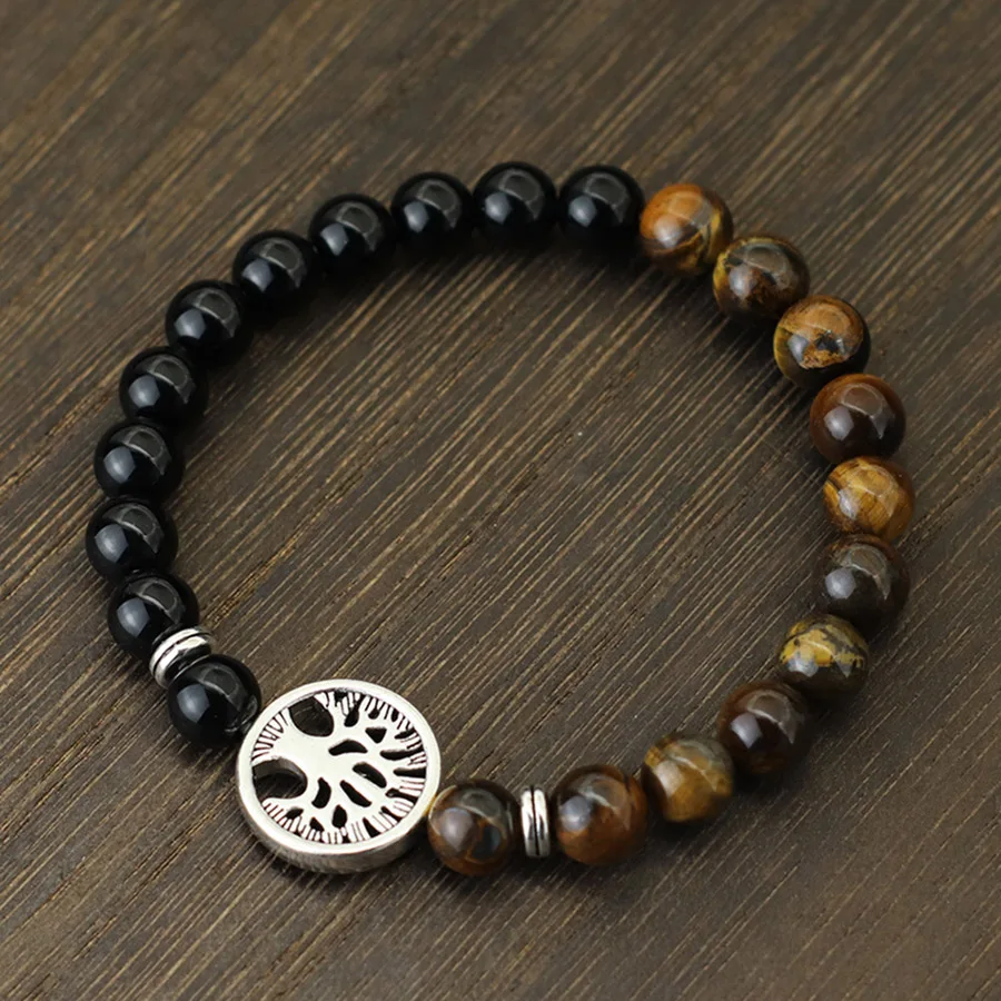 New Fashion Life Tree Bracelet For Men Bicolor Natural Tiger Eyes Obsidian Stone Braslet Lucky Red Howlite Charm Braclet Pulsera