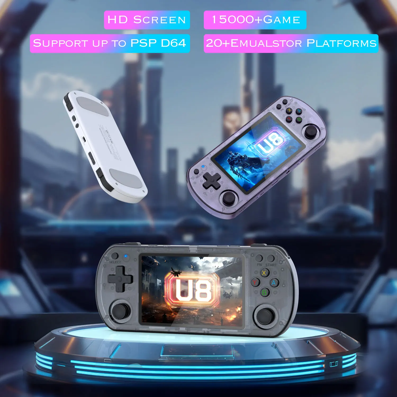 Open Source U8 Retro Handheld Game Console 4.0" IPS Screen Linux System Portable Pocket Video Player 64GB/128GB R36S landscape
