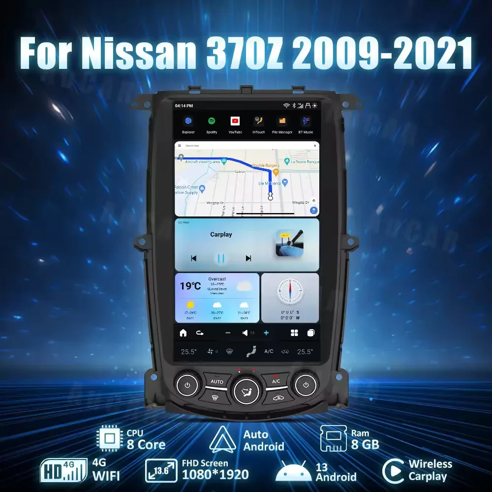 Aucar 13.6 "android 13 reprodutor multimídia navegação gps rádio do carro reprodutor de dvd eletrônica automática para nissan 370z 2009-2021