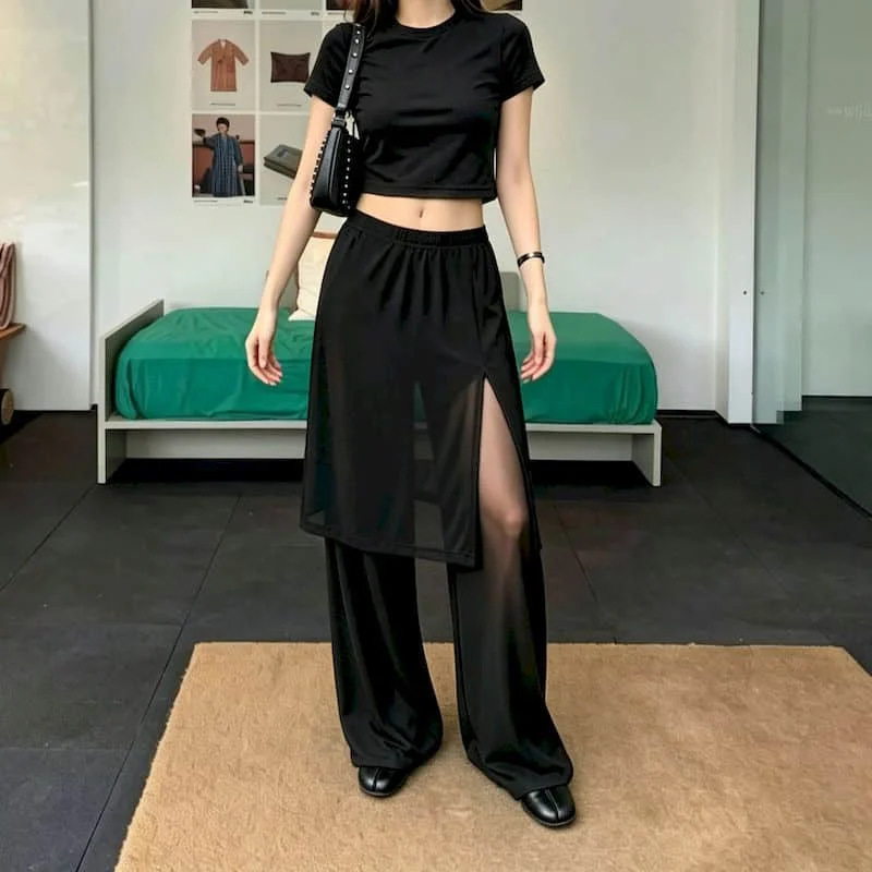 Wide Leg Pants for Women Solid See-through Mesh 2026 Summer Harajuku High-stretch Thin Sexy False Two-piece Fashion Trousers
