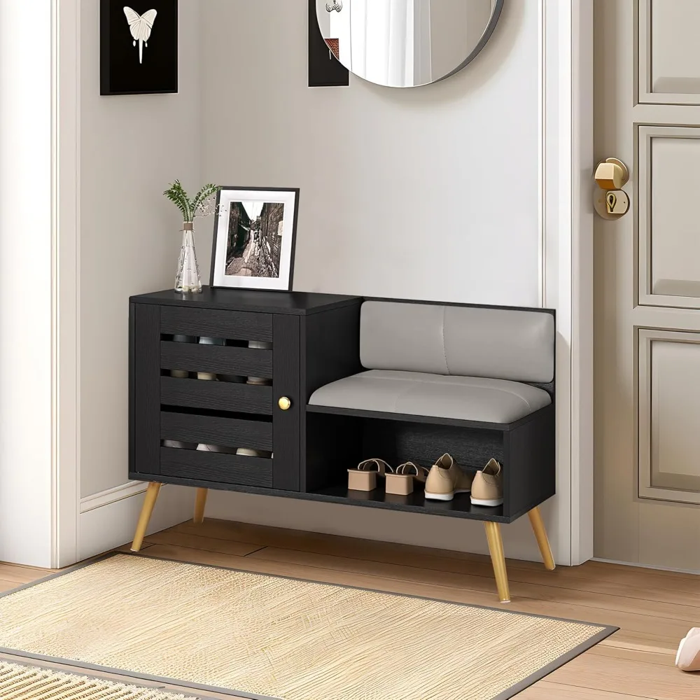 

Shoe Bench with Storage for Entryway Removable Padded Cushion, Lourvered Door, Adjustable Shelf