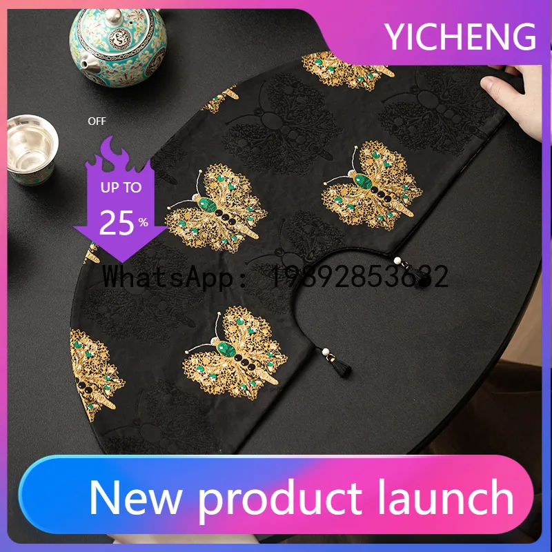 

LYY Black and Gold Butterfly Fan-Shaped Tea Table Mat, Brocade Jacquard Double-Sided Tea Flag, Tea Set Accessory