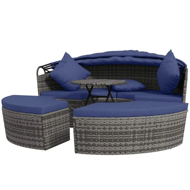 4-Piece Rattan Garden Furniture Set Blue Canopy Daybed & Outdoor Sofa 2 Chairs Extending Table Ottoman Chair Pillows for Hotels