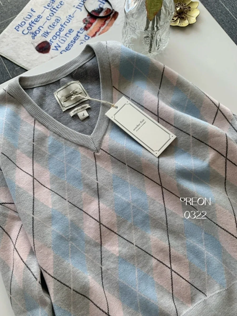 PREON classique diamant motif v-ne haut tricoté en bleu clair et rose automne hiver nouveauté femmes Faion Nylon